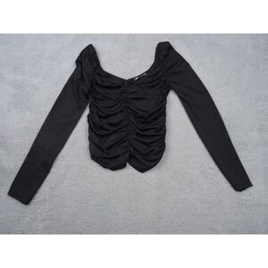 Zara Womens Top Size Small Black Ruched Front Back Long Sleeve Double V-Neck NWT